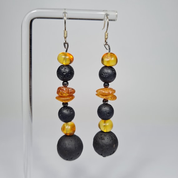 Baltic Amber and Lava Dangle Drop Earrings Yellow Black Natural Stone Genuine Gemstone A0367