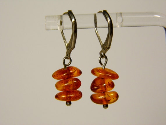 Baltic Amber Dangle Drop Earrings Brown Cognac Transparent Natural Stone 5935