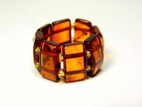 Baltic Amber Ring Size 7.5 Cognac Transparent Brown Women's Elastic Stretch 5651