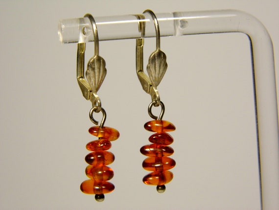 Baltic Amber Dangle Drop Earrings Brown Cognac Transparent Natural Stone 5936