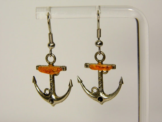 Baltic Amber Dangle Drop Earrings Love Anchor Brown Natural Stone Genuine 5964