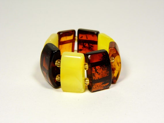 Baltic Amber Ring Size 10.5 Multicolor Yellow Cognac Brown Elastic Stretch 5850