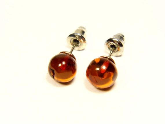 Baltic Amber Stud Earrings Brown Cognac Transparent Natural Stone Genuine 4555