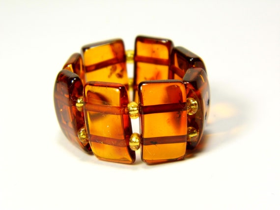 Baltic Amber Ring Size 8.5 Cognac Transparent Brown Women's Elastic Stretch 5647