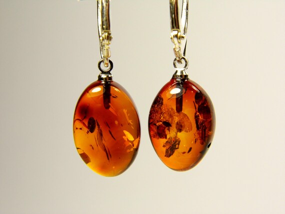 Baltic Amber Dangle Drop Earrings Brown Cognac Transparent Natural Genuine 4977