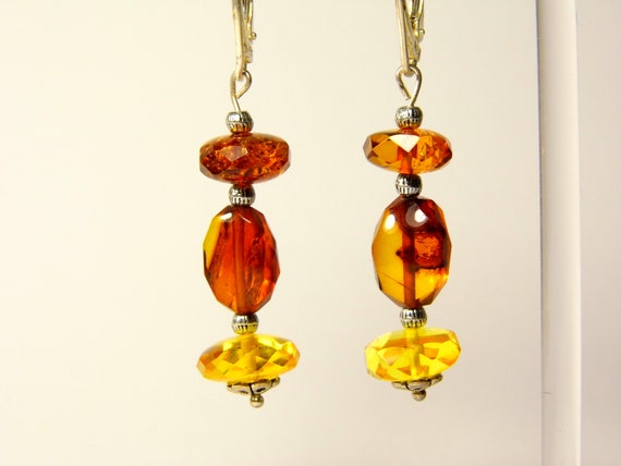 Baltic Amber Dangle Drop Earrings Faceted Brown Transparent Natural Stone 4592