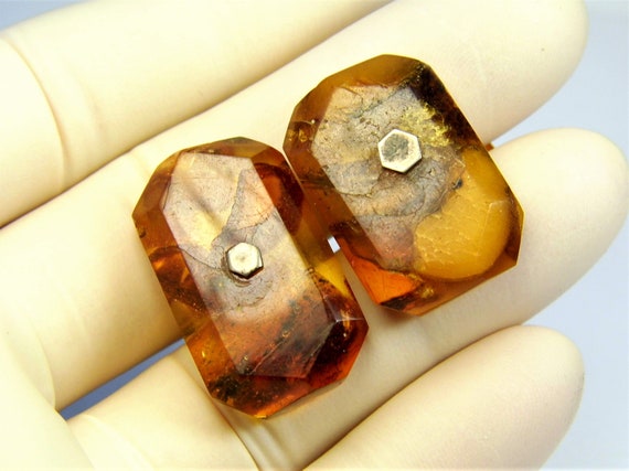 Old vintage Pressed Baltic Amber antique retro cuff-links transparent authentic 8.4 grams men's unique rare jewelry 3242