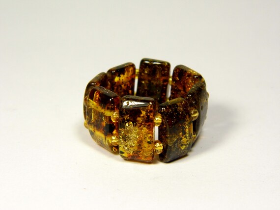 Baltic Amber Ring Size 7 Green Brown Stone Natural Elastic Stretch 5629