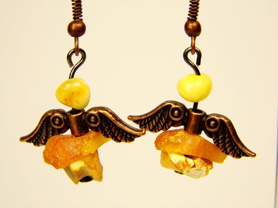 Baltic Amber Angel Dangle Drop Earrings Multicolor Natural Stone Genuine Gemstone A0298