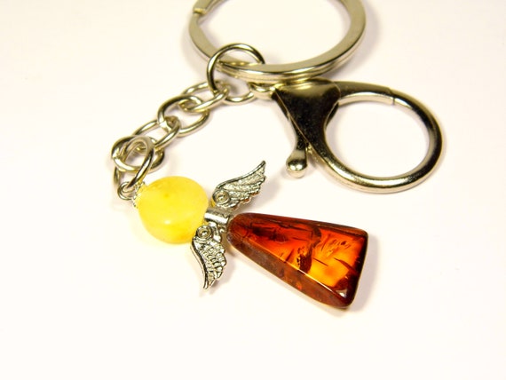 Baltic Amber Angel Keychain Keyring Pendant Multicolor Natural Stone 5169