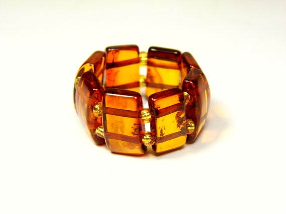 Baltic Amber Ring Size 7.5 Cognac Transparent Brown Women's Elastic Stretch 5635