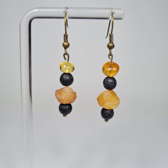 Baltic Amber and Lava Dangle Drop Earrings Yellow Black Natural Stone Genuine Gemstone A0370