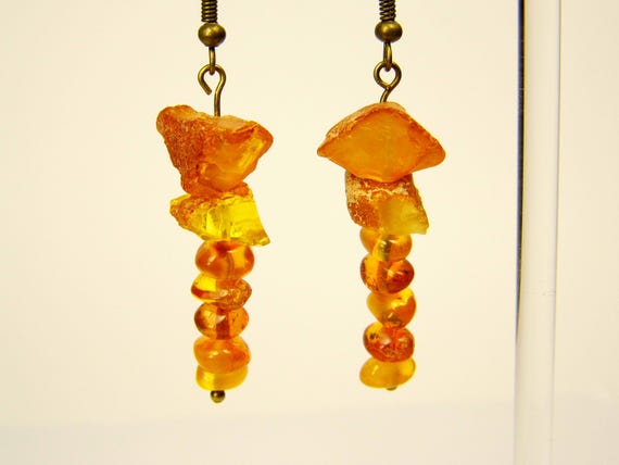 Baltic Amber Dangle Drop Earrings Brown Cognac Natural Stone Genuine A0324