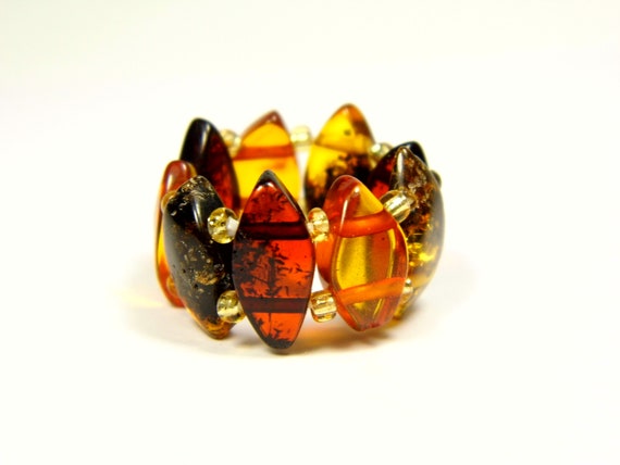 Baltic Amber Ring Size 5.5-6.5 Elastic Stretch Multicolor Stone Natural 4901