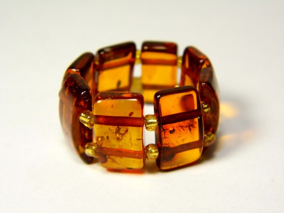 Baltic Amber Ring Size 7.5 Cognac Transparent Brown Women's Elastic Stretch 5640