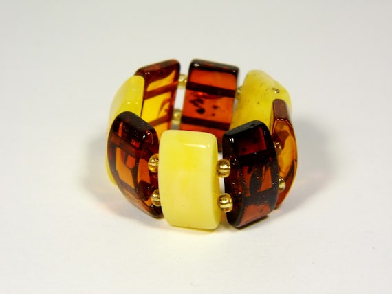 Baltic Amber Ring Size 10.5 Multicolor Yellow Cognac Brown Elastic Stretch 5847