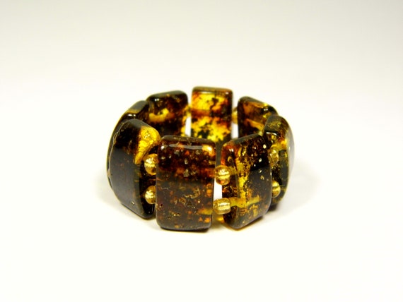 Baltic Amber Ring Size 8 Green Brown Women's Elastic Stretch Natural 5394