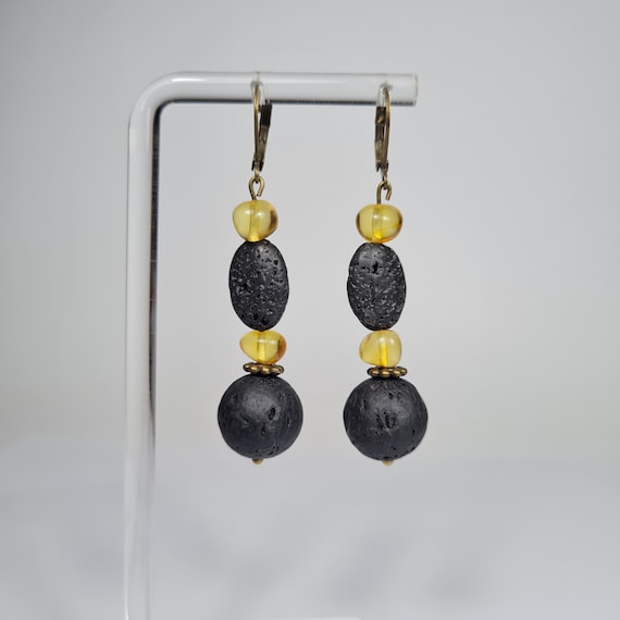 Baltic Amber and Lava Dangle Drop Earrings Yellow Black Natural Stone Genuine Gemstone A0369