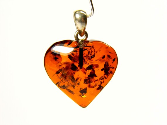 Baltic Amber Heart Pendant Charm 0.75x0.71" Cognac Transparent Brown Stone 5287