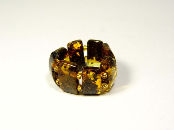 Baltic Amber Ring Size 7 Green Brown Stone Natural Elastic Stretch 5632