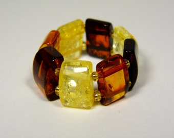 Baltic Amber Ring Size 9 Multicolor Yellow Cognac Brown Elastic Stretch A0193