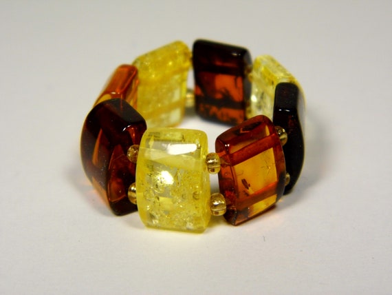 Baltic Amber Ring Size 9 Multicolor Yellow Cognac Brown Elastic Stretch 5855