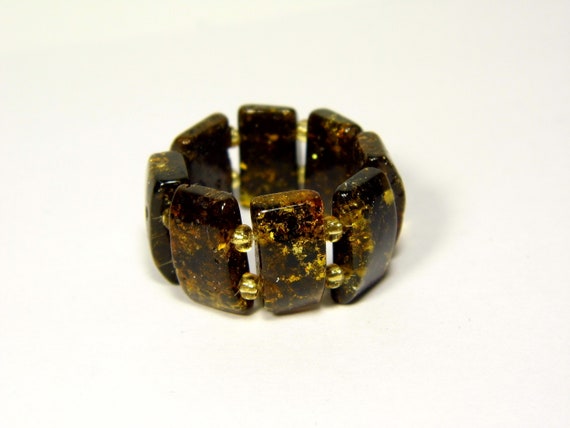 Baltic Amber Ring Size 8.5 Green Brown Stone Natural Elastic Stretch A0157