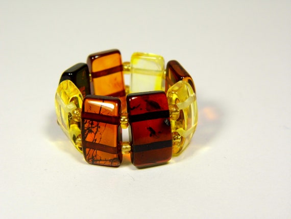 Baltic Amber Ring Size 8 Multicolor Yellow Cognac Brown Elastic Stretch 5856