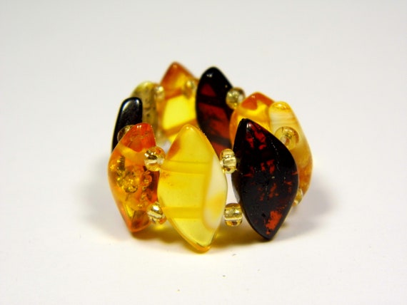 Baltic Amber Ring Size 5.5-6.5 Elastic Stretch Multicolor Stone Natural 4917