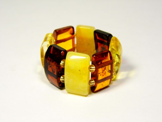 Baltic Amber Ring Size 9.5 Multicolor Yellow Brown Women's Elastic Stretch 5381