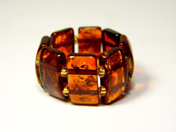 Baltic Amber Ring Size 7.5 Cognac Transparent Brown Women's Elastic Stretch 5636