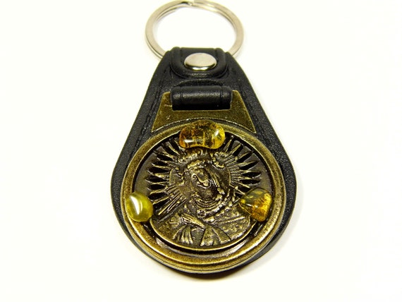 Metal Leather Keychain Keyring Pendant With Baltic Amber Religious Souvenir A0087