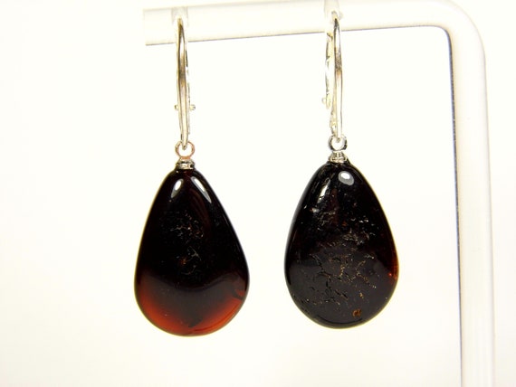 Baltic Amber Dangle Drop Earrings Brown Black Natural Stone Genuine 4546
