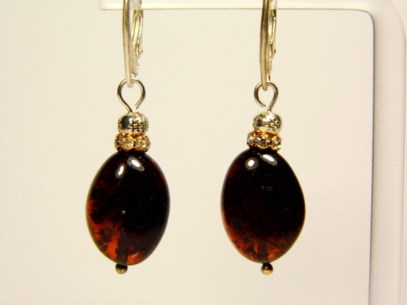 Baltic Amber Dangle Drop Earrings Brown Natural Stone Genuine Gemstone A0059