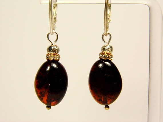 Baltic Amber Dangle Drop Earrings Brown Natural Stone Genuine Gemstone 4583