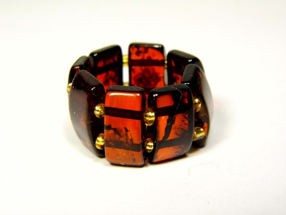 Baltic Amber Ring Size 7 Dark Cherry Cognac Brown Natural Elastic Stretch 5654