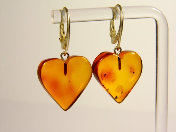 Baltic Amber Dangle Drop Heart Earrings Brown Cognac Transparent Natural 4443