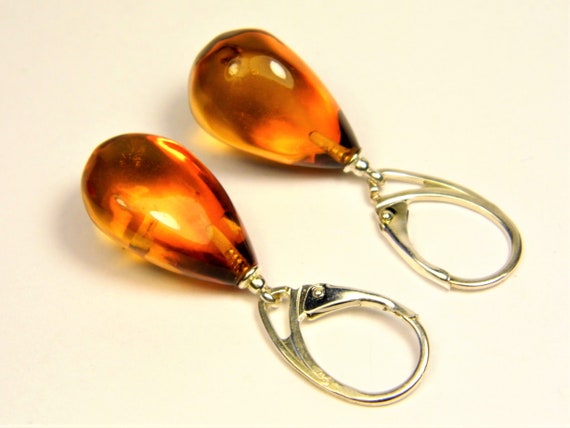 Sterling Silver 925 and natural genuine transparent Baltic Amber earrings 4.1 grams authentic women's handmade jewelry 3878
