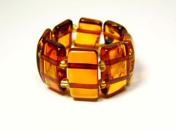 Baltic Amber Ring Size 9 Cognac Transparent Brown Women's Elastic Stretch 5645