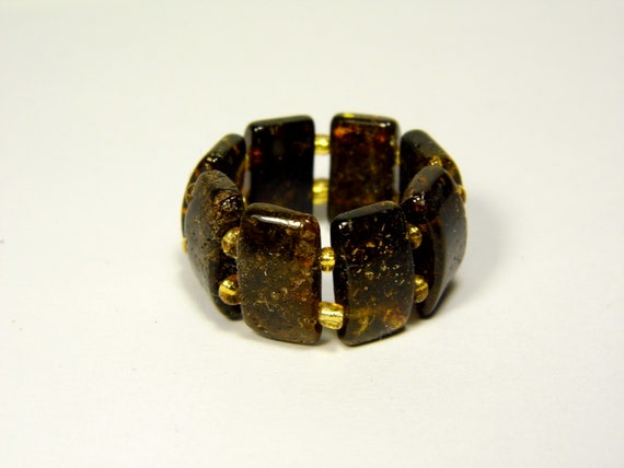 Baltic Amber Ring Size 8 Green Brown Black Stone Natural Elastic Stretch 5621