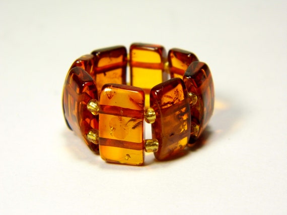 Baltic Amber Ring Size 6.5 Cognac Transparent Brown Women's Elastic Stretch A0162