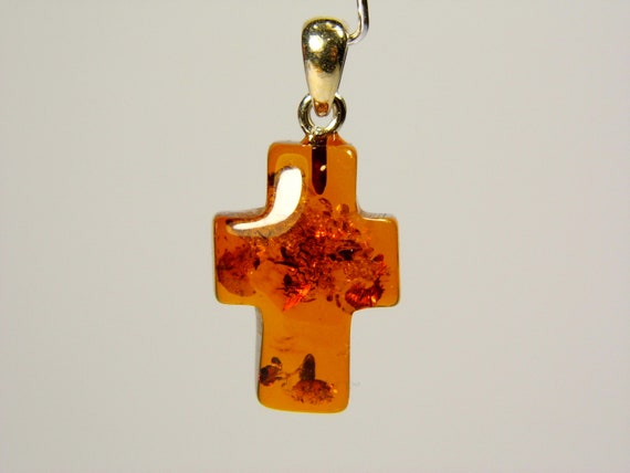 Baltic Amber Cross Pendant Brown Cognac Transparent Stone Natural Gemstone 5245