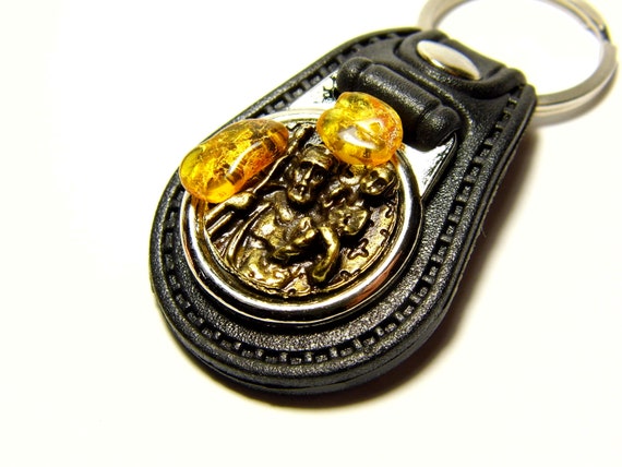 Metal Leather Keychain Keyring Pendant With Baltic Amber Religious Souvenir 4981