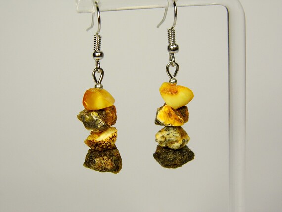 Baltic Amber Dangle Drop Earrings Raw Unpolished Multicolor Natural Stone 6106