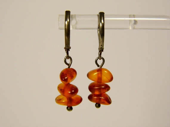 Baltic Amber Dangle Drop Earrings Brown Cognac Transparent Natural Stone A0220