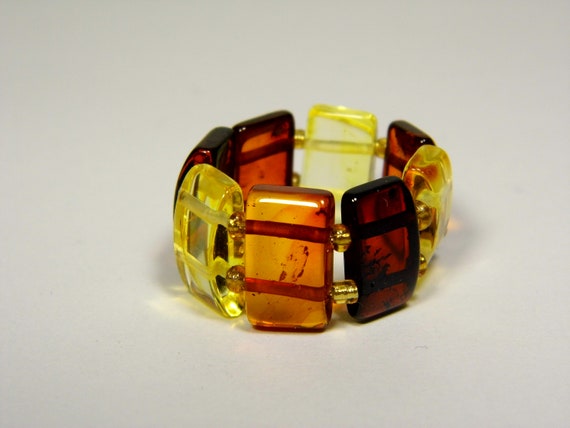 Baltic Amber Ring Size 8 Multicolor Yellow Cognac Brown Elastic Stretch 5857