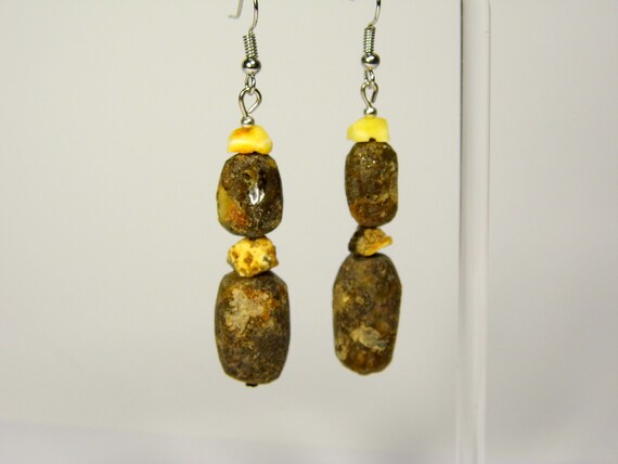 Baltic Amber Dangle Drop Earrings Unpolished Multicolor Natural Stone 6103