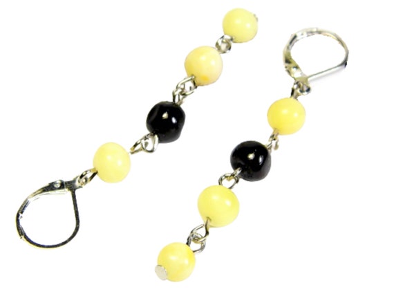 Natural Baltic Amber dangle / drop women's earrings yellow / black AP739