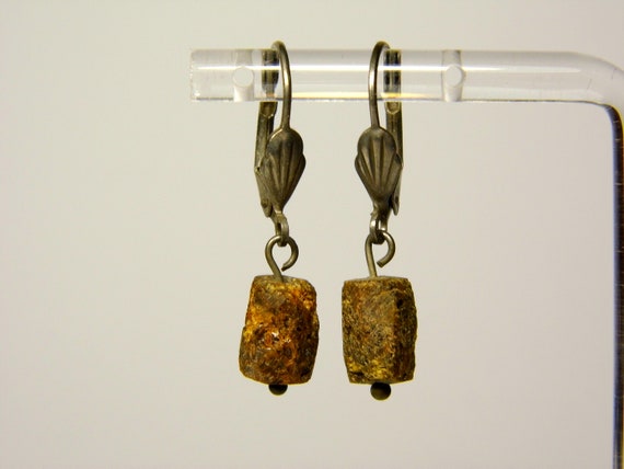 Baltic Amber Dangle Drop Earrings Unpolished Brown Black Natural Stone 5953