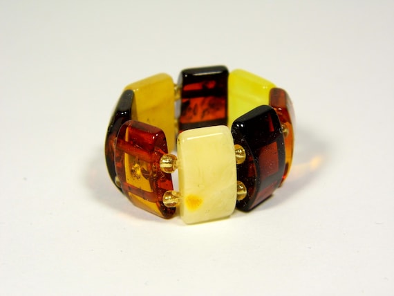 Baltic Amber Ring Size 8,5 Multicolor Yellow Cognac Brown Elastic Stretch A0192